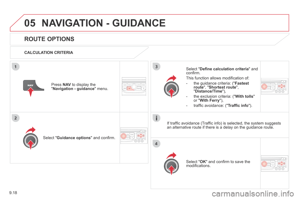Citroen BERLINGO 2013.5 2.G Owners Manual 9.18
05 NAVIGATION - GUIDANCE
ROUTE OPTIONS
CALCULATION CRITERIA
Select " Guidance options " and confi rm.
Select " OK " and confi rm to save the modifi cations.
Select " Defi Citroen BERLINGO 2013.5 2.G Owners Manual 9.18
05 NAVIGATION - GUIDANCE
ROUTE OPTIONS
CALCULATION CRITERIA
Select " Guidance options " and confi rm.
Select " OK " and confi rm to save the modifi cations.
Select " Defi