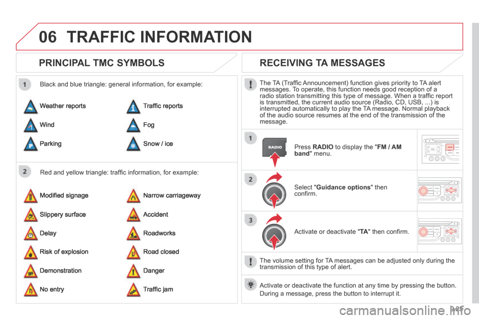 Citroen BERLINGO 2013.5 2.G Owners Manual 9.25
06 TRAFFIC  INFORMATION 
PRINCIPAL TMC SYMBOLS 
  Red and yellow triangle: trafﬁ c information, for example: 
  Black and blue triangle: general information, for example: 
 Weather  reports 
 M