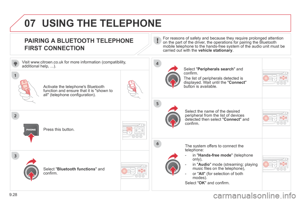 Citroen BERLINGO 2013.5 2.G Owners Manual 9.28
07
PAIRING A BLUETOOTH TELEPHONE
FIRST CONNECTION
For reasons of safety and because they require prolonged attention on the part of the driver, the operations for pairing the Bluetooth mobil Citroen BERLINGO 2013.5 2.G Owners Manual 9.28
07
PAIRING A BLUETOOTH TELEPHONE
FIRST CONNECTION
For reasons of safety and because they require prolonged attention on the part of the driver, the operations for pairing the Bluetooth mobil