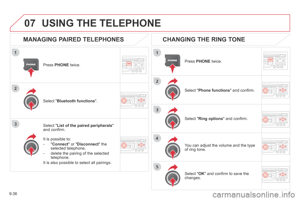 Citroen BERLINGO 2013.5 2.G Owners Manual 9.36
07
  Press   PHONE   twice.  
  Select  " List of the paired peripherals " and conﬁ rm.  
  It is possible to: 
   -   " Connect " or " Disconnect "  the selected telephone, 
  -   delete the p