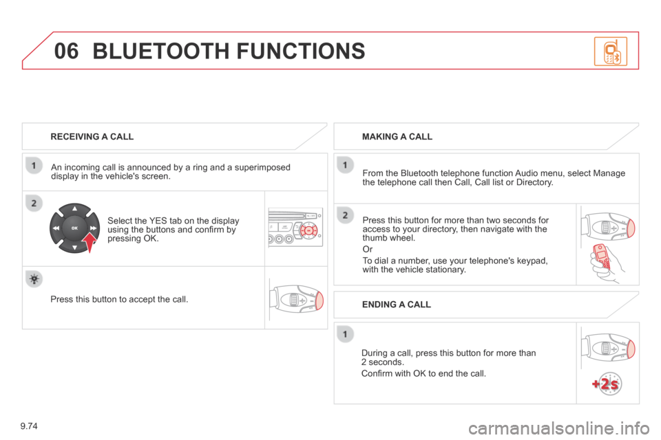 Citroen BERLINGO 2013.5 2.G Owners Manual 9.74
06
  RECEIVING  A  CALL  
  An incoming call is announced by a ring and a superimposed display in the vehicles screen.  
  Select the YES tab on the display using the buttons and conﬁ rm by pr