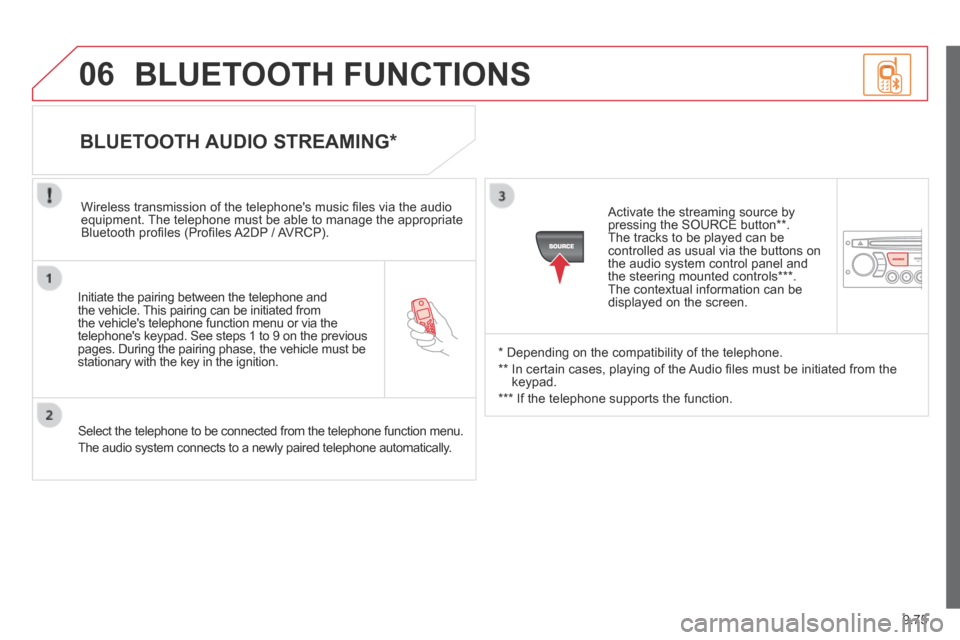 Citroen BERLINGO 2013.5 2.G Owners Manual 9.75
06
  Initiate the pairing between the telephone and the vehicle. This pairing can be initiated from the vehicles telephone function menu or via the telephones keypad. See steps 1 to 9 on the pr