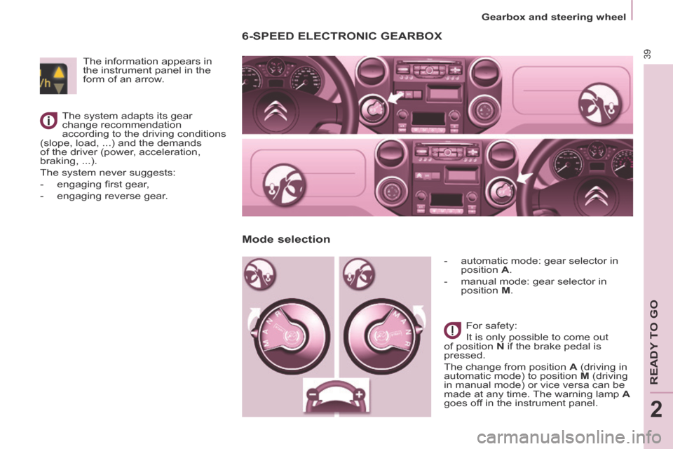 Citroen BERLINGO 2013.5 2.G Service Manual 2
   Gearbox  and  steering  wheel   
39
READY TO GO
6-SPEED ELECTRONIC GEARBOX 
   -   automatic  mode:  gear  selector  in position   A . 
  -   manual mode: gear selector in  position   M .   
  Fo
