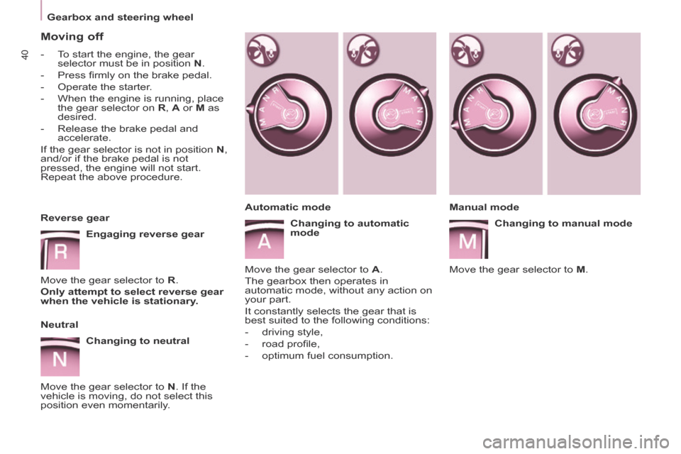 Citroen BERLINGO 2013.5 2.G Owners Manual    Gearbox  and  steering  wheel   
40
  Moving  off 
   -   To start the engine, the gear selector must be in position   N . 
  -   Press ﬁ rmly on the brake pedal. 
  -   Operate  the  starter. 
 