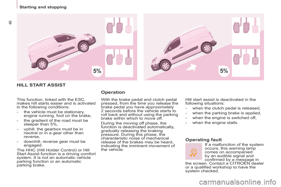 Citroen BERLINGO 2013.5 2.G Service Manual    Starting  and  stopping   
46
 HILL  START  ASSIST 
  Operation 
 With the brake pedal and clutch pedal 
pressed, from the time you release the 
brake pedal you have approximately 
2 seconds before