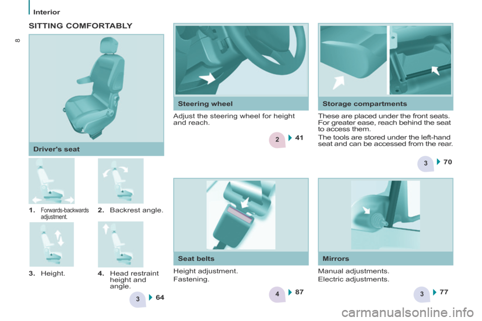 Citroen BERLINGO 2013.5 2.G Owners Manual 3
43
2
36441
87
70
77
8
   Interior   
   1.  
Forwards-backwards 
adjustment.   2.   Backrest  angle. 
  3.   Height.    4.   Head  restraint 
height and 
angle.   
  Drivers  seat 
    SITTING  COM