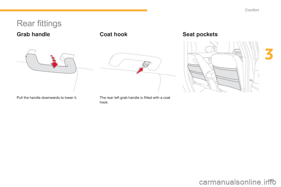 Citroen C4 AIRCROSS RHD 2013.5 1.G Owners Manual 105
3
Comfort
   
 
 
 
 
 
 
 
 
 
 
Rear ﬁ ttings 
 
Pull the handle downwards to lower it.  
 
 
Grab handle 
 
The rear left grab handle is fitted with a coat 
hook.  
 
 
Coat hook    
Seat poc