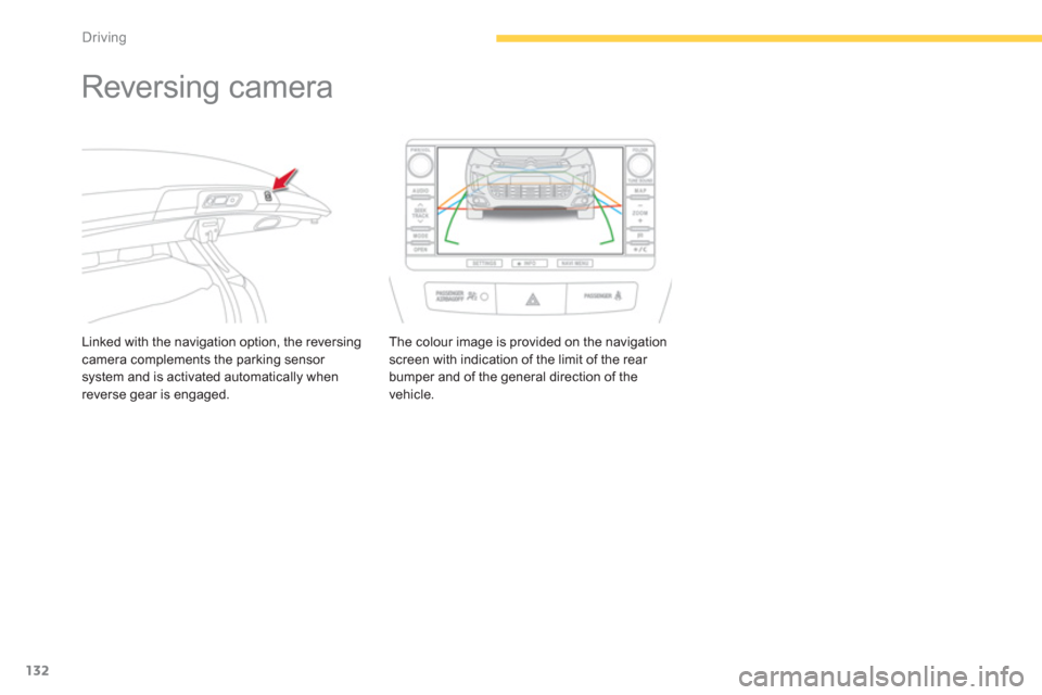 Citroen C4 AIRCROSS RHD 2013.5 1.G Owners Manual 132
Driving
   
 
 
 
 
Reversing camera 
 
 
Linked with the navigation option, the reversing 
camera complements the parking sensor 
system and is activated automatically when 
reverse gear is engag