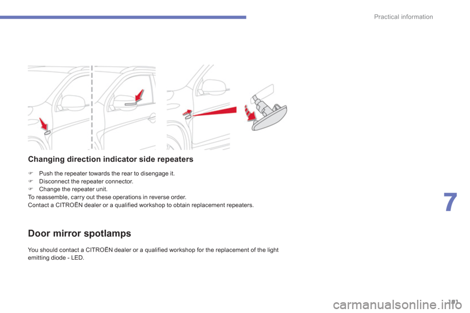 Citroen C4 AIRCROSS RHD 2013.5 1.G Owners Manual 191
7
Practical information
   
 
�) 
  Push the repeater towards the rear to disengage it. 
   
�) 
  Disconnect the repeater connector. 
   
�) 
  Change the repeater unit.  
  To reassemble, carry 