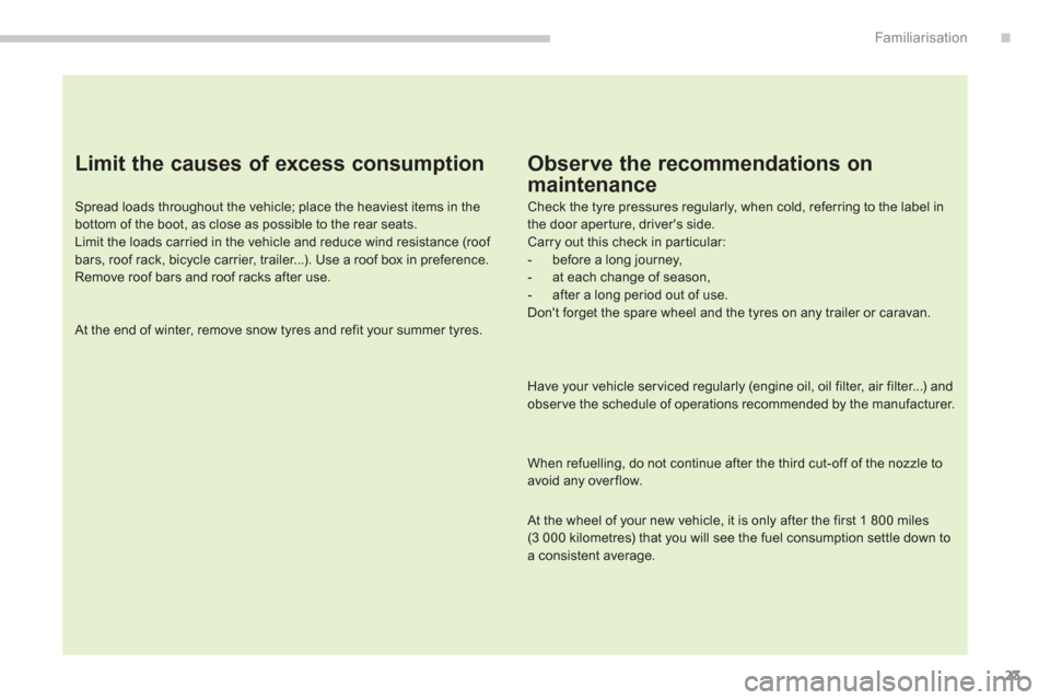 Citroen C4 AIRCROSS RHD 2013.5 1.G Owners Manual 23
.Familiarisation
   
Limit the causes of excess consumption 
 
 
Spread loads throughout the vehicle; place the heaviest items in the 
bottom of the boot, as close as possible to the rear seats. 
 