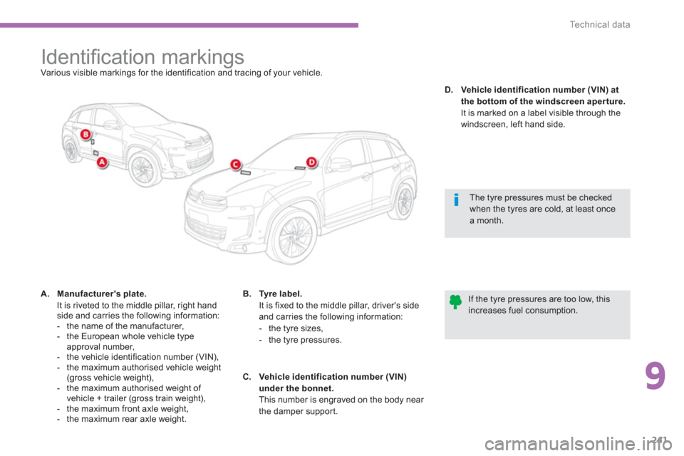 Citroen C4 AIRCROSS RHD 2013.5 1.G Owners Manual 9
241
Te c h n i c a l d a t a
Identifi cation markings
Various visible markings for the identification and tracing of your vehicle.
A.
Manuf Citroen C4 AIRCROSS RHD 2013.5 1.G Owners Manual 9
241
Te c h n i c a l d a t a
Identifi cation markings
Various visible markings for the identification and tracing of your vehicle.
A.
Manuf