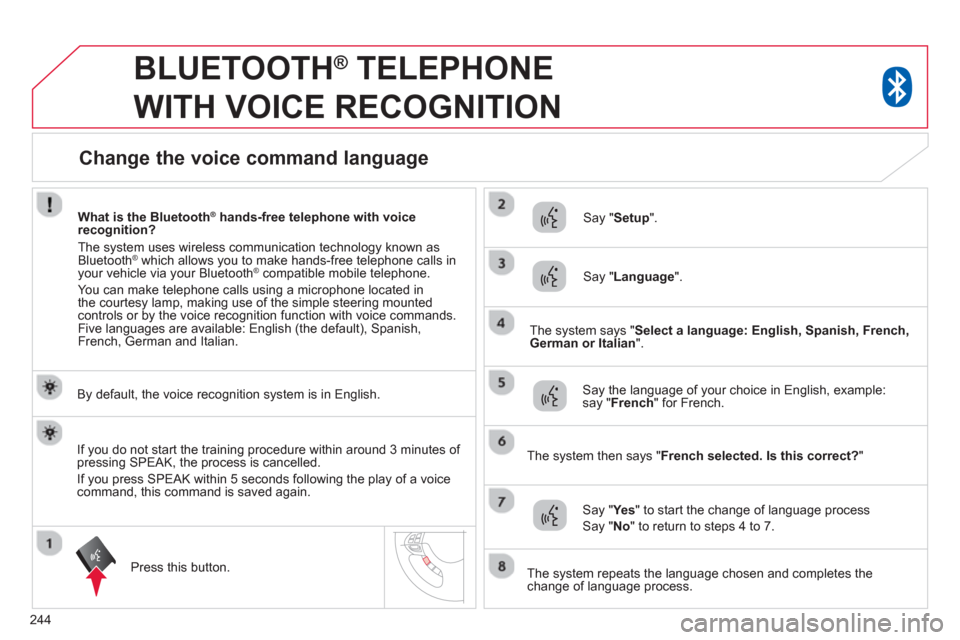 Citroen C4 AIRCROSS RHD 2013.5 1.G Owners Manual 244
   
 
 
 
BLUETOOTH ® 
 TELEPHONE 
WITH VOICE RECOGNITION 
   
By default, the voice recognition system is in English.  
   
Press this button.     
Say " Setup 
".  
   
Say " Language 
".  
   