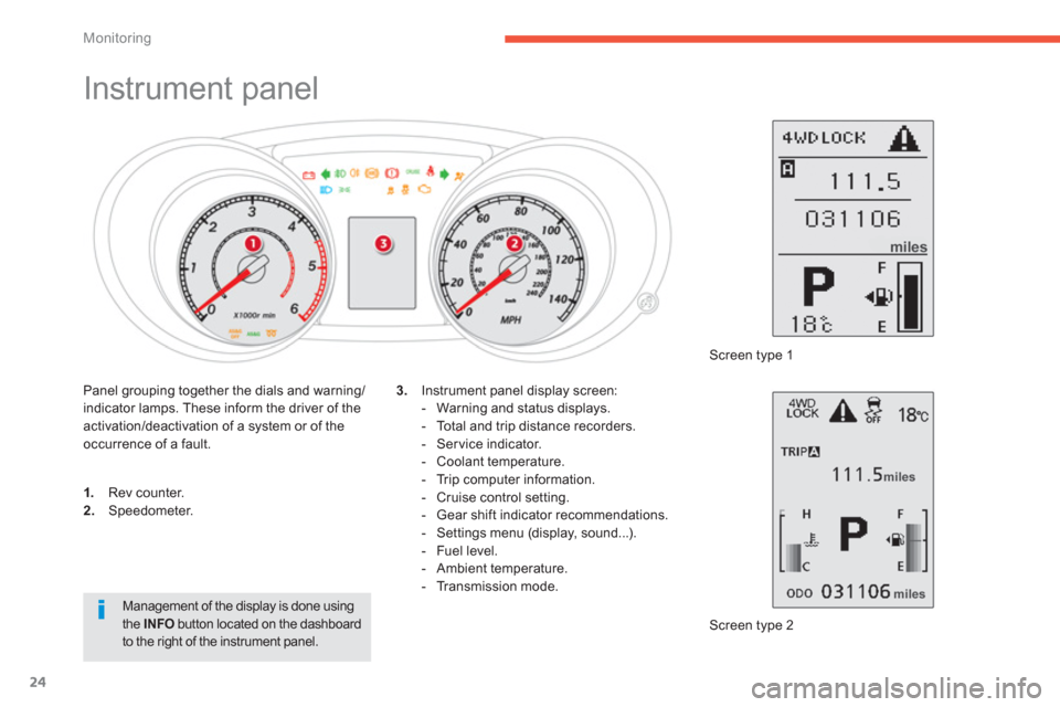 Citroen C4 AIRCROSS RHD 2013.5 1.G Owners Guide 24
Monitoring
   
 
 
 
 
 
 
 
 
 
 
 
 
 
 
 
 
Instrument panel 
 
 
 
 
1. 
 Rev counter. 
   
2. 
 Speedometer. 
  Screen type 2      
3. 
  Instrument panel display screen: 
   
 
-   Warning an