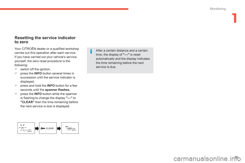 Citroen C4 AIRCROSS RHD 2013.5 1.G Owners Manual 1
45
Monitoring
   
Resetting the service indicator 
to zero 
   
After a certain distance and a certain 
time, the display of  "--- 
 
" 
 is reset 
automatically and the display indicates 
the time 