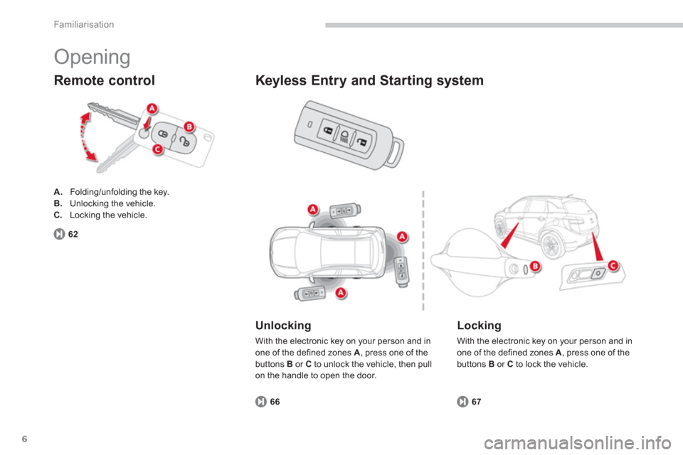 Citroen C4 AIRCROSS RHD 2013.5 1.G Owners Manual 6
Familiarisation
  Opening 
 
 
 
A. 
  Folding/unfolding the key. 
   
B. 
  Unlocking the vehicle. 
   
C. 
  Locking the vehicle.  
 
 
 
Remote control 
67
 
 
Unlocking 
 
With the electronic ke