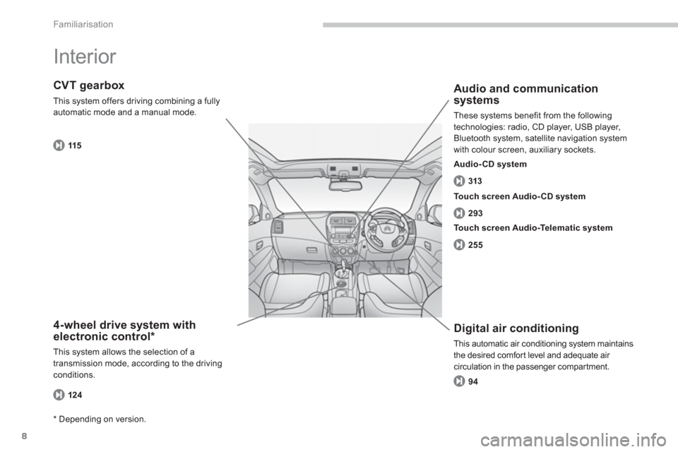 Citroen C4 AIRCROSS RHD 2013.5 1.G Owners Manual 8
Familiarisation
  Interior  
 
 
4-wheel drive system with 
electronic control *  
 
This system allows the selection of a 
transmission mode, according to the driving 
conditions.  
 
 
CVT gearbox