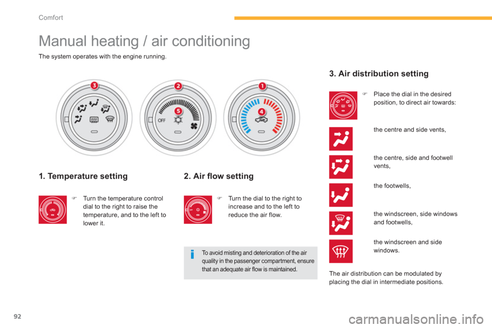 Citroen C4 AIRCROSS RHD 2013.5 1.G Owners Manual 92
Comfort
  Manual heating / air conditioning 
 
 
 
 
 
 
 
 
 
 
 
 
The system operates with the engine running.  
 
 
 
1. Temperature setting 
 
 
 
�) 
  Turn the temperature control 
dial to t
