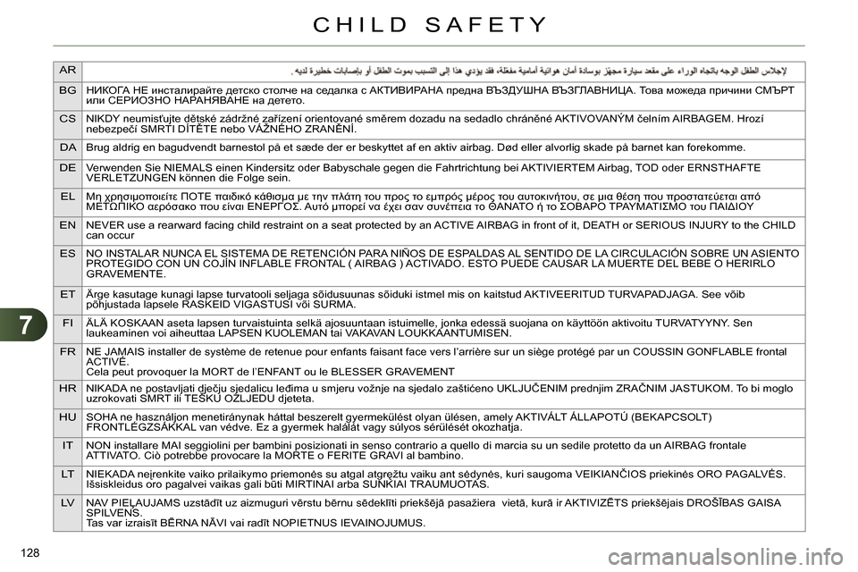 Citroen C4 DAG 2013.5 2.G Owners Manual 7
AR
BG
НИКОГА НЕ инсталирайте детско столче на седалка с АКТИВИРАНА предна ВЪЗДУШНА ВЪЗГЛАВНИЦА. То в а можеда �