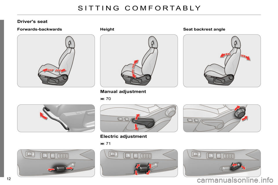 Citroen C4 DAG 2013.5 2.G User Guide 12
SITTING COMFORTABLY
Drivers seat
Forwards-backwards
Height
Manual adjustment
70
Electric adjustment
71
Seat backrest angle
Citroen C4 DAG 2013.5 2.G User Guide 12
SITTING COMFORTABLY
Drivers seat
Forwards-backwards
Height
Manual adjustment
70
Electric adjustment
71
Seat backrest angle