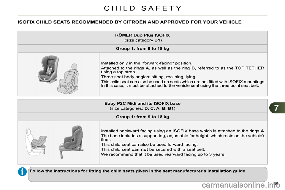 Citroen C4 DAG 2013.5 2.G Owners Manual 7
CHILD SAFETY
135 
   
 
 
 
 
 
 
 
 
 
 
 
 
 
 
ISOFIX CHILD SEATS RECOMMENDED BY CITROËN AND APPROVED FOR YOUR VEHICLE  
 
 
 
RÖMER 
  Duo Plus ISOFIX 
   
 (size category  B1 
)  
   
 
Group