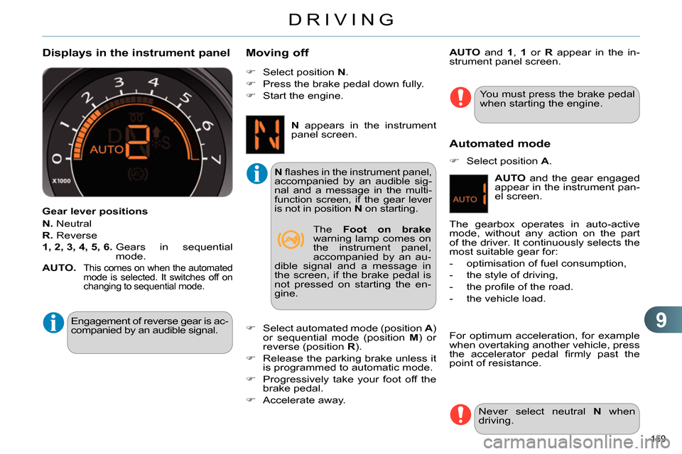 Citroen C4 DAG 2013.5 2.G Owners Manual 9
DRIVING
159
Displays in the instrument panel
Gear lever positions
N.
Neutral
R.
Reverse
1, 2, 3, 4, 5, 6.
Gears in sequential
mode.
AUTO.
This comes on whe Citroen C4 DAG 2013.5 2.G Owners Manual 9
DRIVING
159
Displays in the instrument panel
Gear lever positions
N.
Neutral
R.
Reverse
1, 2, 3, 4, 5, 6.
Gears in sequential
mode.
AUTO.
This comes on whe