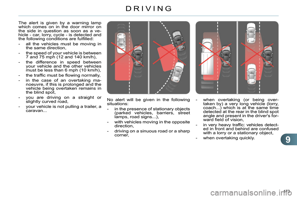 Citroen C4 DAG 2013.5 2.G Owners Manual 9
DRIVING
173
No alert will be given in the following
situations:
- in the presence of stationary objects
(parked vehicles, barriers, street
lamps, road signs...),
- with vehic Citroen C4 DAG 2013.5 2.G Owners Manual 9
DRIVING
173
No alert will be given in the following
situations:
- in the presence of stationary objects
(parked vehicles, barriers, street
lamps, road signs...),
- with vehic