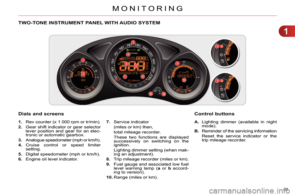 Citroen C4 DAG 2013.5 2.G Owners Manual 1
MONITORING
29 
   
 
 
 
 
 
 
 
 
 
 
 
TWO-TONE INSTRUMENT PANEL WITH AUDIO SYSTEM 
   
Dials and screens 
 
 
 
A. 
  Lighting dimmer (available in night 
mode). 
   
B. 
  Reminder of the servic