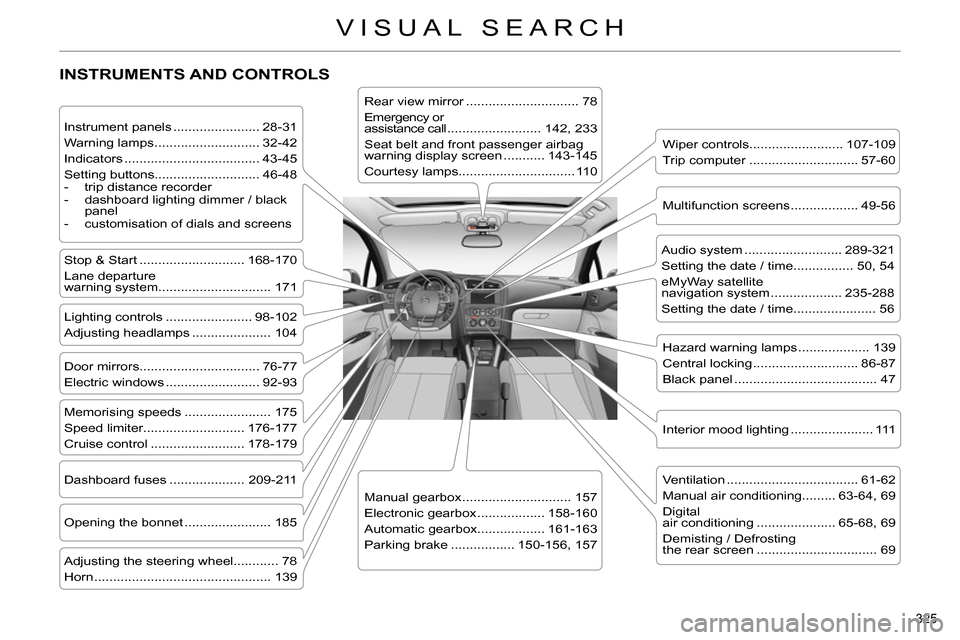 Citroen C4 DAG 2013.5 2.G Owners Manual 325
VISUAL SEARCH
INSTRUMENTS AND CONTROLS
Instrument panels ....................... 28-31
Warning lamps ............................ 32-42
Indicators .................................. Citroen C4 DAG 2013.5 2.G Owners Manual 325
VISUAL SEARCH
INSTRUMENTS AND CONTROLS
Instrument panels ....................... 28-31
Warning lamps ............................ 32-42
Indicators ..................................