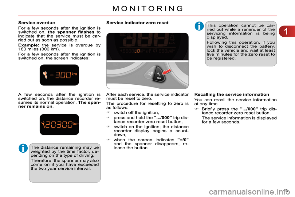 Citroen C4 DAG 2013.5 2.G Owners Manual 1
MONITORING
45 
   
Service overdue 
  For a few seconds after the ignition is 
switched on,  the spanner ﬂ ashes  
to 
indicate that the service must be car-
ried out as soon as possible. 
   
Exa