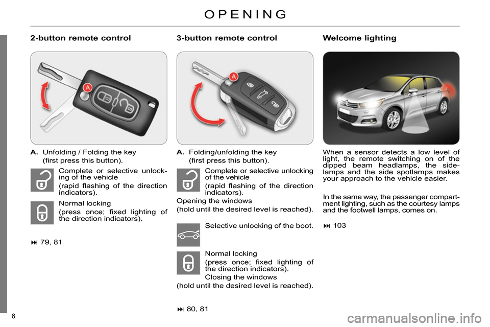 Citroen C4 DAG 2013.5 2.G Owners Manual 6 
  OPENING 
 
 
2-button remote control  
  
 
3-button remote control    
Welcome lighting 
 
A. 
  Unfolding / Folding the key  
 (ﬁ rst press this button).  
   
 
 
 79, 81  
    
 
A. 
  F