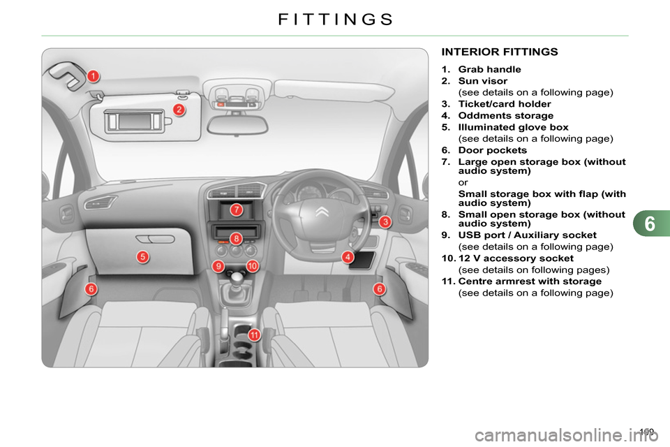 Citroen C4 RHD 2013.5 2.G Owners Manual 6
FITTINGS
109 
   
 
 
 
 
 
 
 
 
 
 
 
 
 
 
 
 
 
 
 
INTERIOR FITTINGS 
 
 
 
1. 
  Grab handle 
 
   
2. 
  Sun visor 
   
  (see details on a following page) 
   
3. 
  Ticket/card holder 
 
  