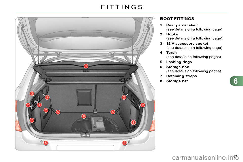 Citroen C4 RHD 2013.5 2.G Owners Manual 6
FITTINGS
117
BOOT FITTINGS
1.
Rear parcel shelf
(see details on a following page)
2.
Hooks
(see details on a following page)
Citroen C4 RHD 2013.5 2.G Owners Manual 6
FITTINGS
117
BOOT FITTINGS
1.
Rear parcel shelf
(see details on a following page)
2.
Hooks
(see details on a following page)