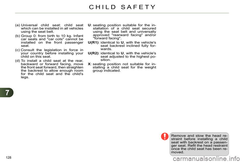 Citroen C4 RHD 2013.5 2.G Owners Manual 7
CHILD SAFETY
128 
  (a)  Universal child seat: child seat 
which can be installed in all vehicles 
using the seat belt. 
  (b)  Group 0: from birth to 10 kg. Infant 
car seats and "car cots" cannot 