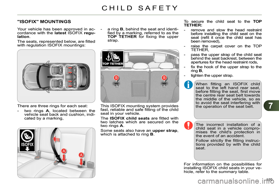 Citroen C4 RHD 2013.5 2.G Owners Manual 7
CHILD SAFETY
129 
   
 
 
 
 
 
 
 
 
 
 
 
 
 
"ISOFIX" MOUNTINGS 
 
There are three rings for each seat: 
   
 
-   two rings  A 
, located between the 
vehicle seat back and cushion, indi-
cated 