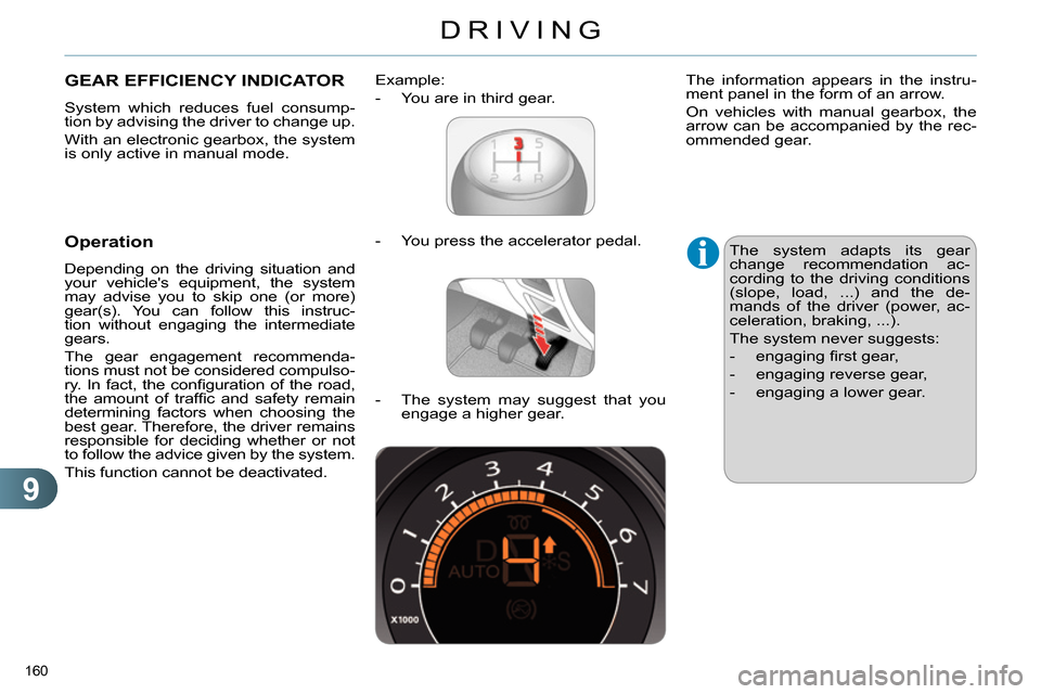 Citroen C4 RHD 2013.5 2.G Owners Manual 9
DRIVING
160
GEAR EFFICIENCY INDICATOR
System which reduces fuel consump-
tion by advising the driver to change up.
With an electronic gearbox, the system
is only active in Citroen C4 RHD 2013.5 2.G Owners Manual 9
DRIVING
160
GEAR EFFICIENCY INDICATOR
System which reduces fuel consump-
tion by advising the driver to change up.
With an electronic gearbox, the system
is only active in