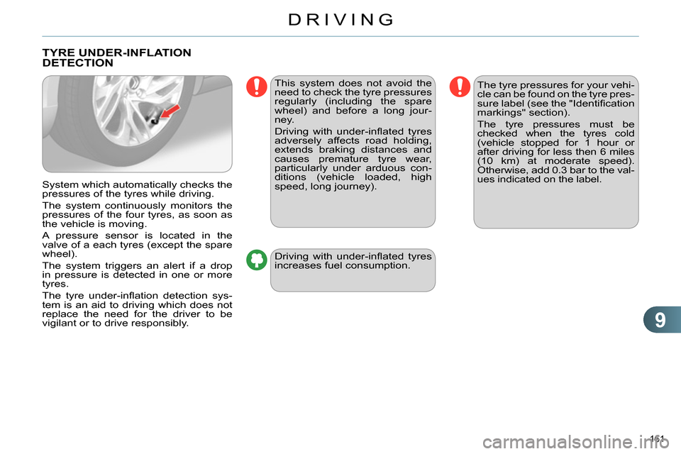 Citroen C4 RHD 2013.5 2.G Owners Manual 9
DRIVING
161 
   
 
 
 
 
 
 
 
TYRE UNDER-INFLATION 
DETECTION 
   
System which automatically checks the 
pressures of the tyres while driving. 
  The system continuously monitors the 
pressures of