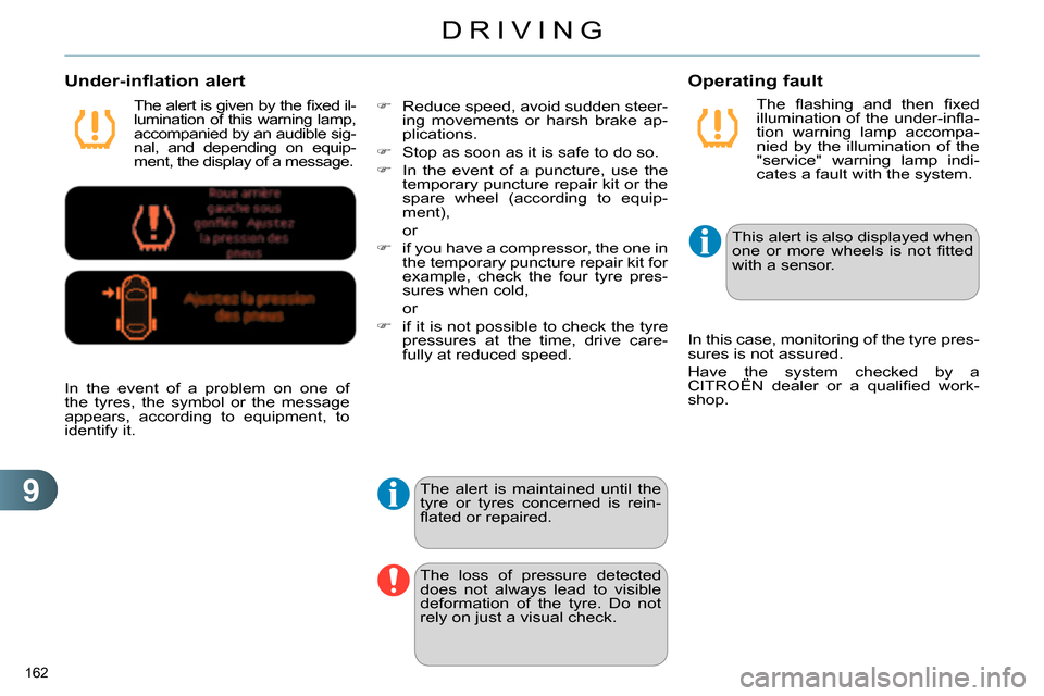 Citroen C4 RHD 2013.5 2.G Owners Manual 9
DRIVING
162
The fl ashing and then fi xed
illumination of the under-infl a-
tion warning lamp accompa-
nied by the illumination of the
"service" warning lamp indi-
cates a fault with the sys Citroen C4 RHD 2013.5 2.G Owners Manual 9
DRIVING
162
The fl ashing and then fi xed
illumination of the under-infl a-
tion warning lamp accompa-
nied by the illumination of the
"service" warning lamp indi-
cates a fault with the sys