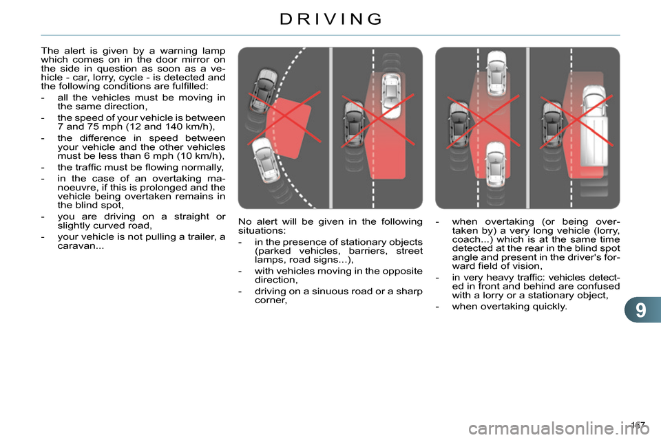 Citroen C4 RHD 2013.5 2.G Owners Manual 9
DRIVING
167
No alert will be given in the following
situations:
- in the presence of stationary objects
(parked vehicles, barriers, street
lamps, road signs...),
- with vehic Citroen C4 RHD 2013.5 2.G Owners Manual 9
DRIVING
167
No alert will be given in the following
situations:
- in the presence of stationary objects
(parked vehicles, barriers, street
lamps, road signs...),
- with vehic