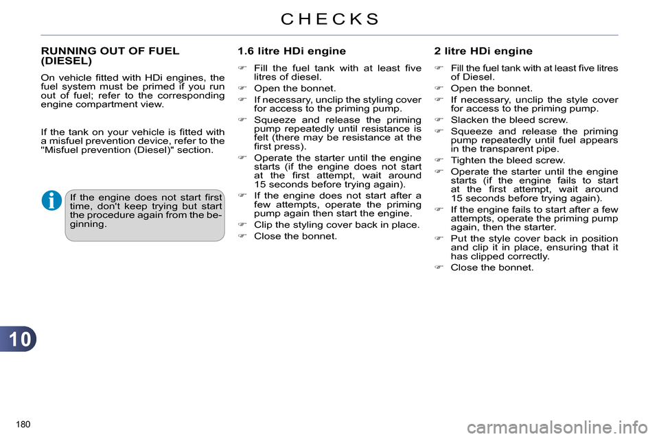 Citroen C4 RHD 2013.5 2.G Repair Manual 10
CHECKS
180 
   
 
 
 
 
 
 
 
 
 
RUNNING OUT OF FUEL 
(DIESEL)     
1.6 litre HDi engine 
 
 
 
 
  Fill the fuel tank with at least ﬁ ve
litres of diesel. 
   
 
  Open the bonnet. 
   
�