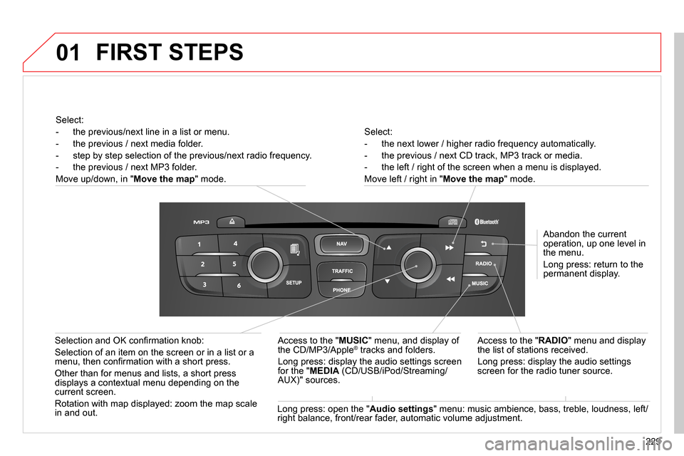 Citroen C4 RHD 2013.5 2.G Owners Manual 01
229    
Select: 
   
 
-   the next lower / higher radio frequency automatically. 
   
-   the previous / next CD track, MP3 track or media. 
   
-   the left / right of the screen when a menu is d