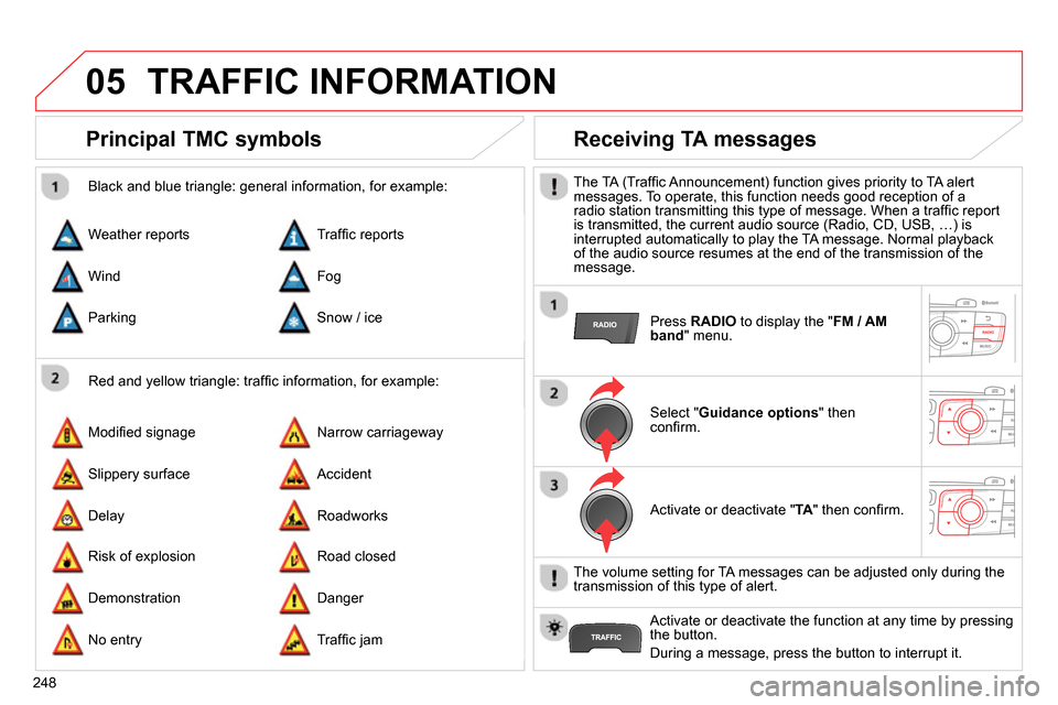 Citroen C4 RHD 2013.5 2.G Owners Manual 05
248
  TRAFFIC INFORMATION 
 
 
 
 
 
 
 
Principal TMC symbols 
 
 
Red and yellow triangle: trafﬁ c information, for example:     
Black and blue triangle: general information, for example: 
  W