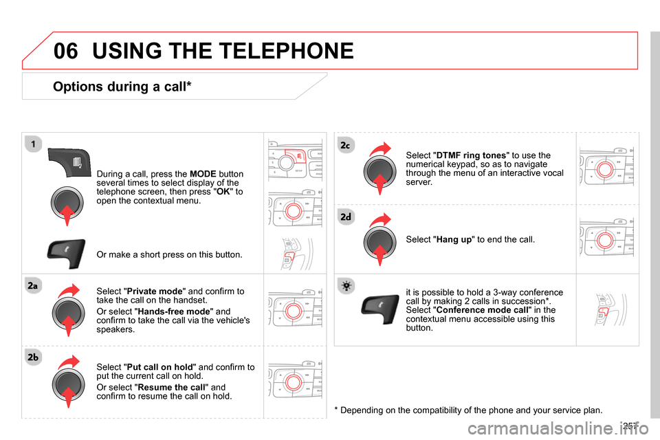 Citroen C4 RHD 2013.5 2.G Owners Manual 06
257
USING THE TELEPHONE
Options during a call *
During a call, press the MODE
button
several times to select display of the
telephone screen, then press " OK
" to
open the conte Citroen C4 RHD 2013.5 2.G Owners Manual 06
257
USING THE TELEPHONE
Options during a call *
During a call, press the MODE
button
several times to select display of the
telephone screen, then press " OK
" to
open the conte