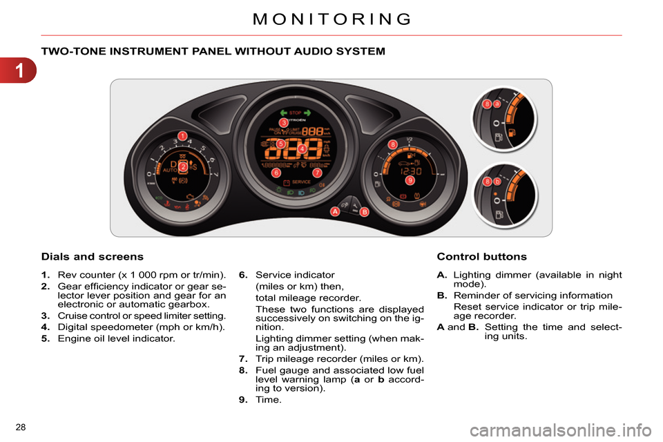 Citroen C4 RHD 2013.5 2.G Owners Manual 1
MONITORING
28 
   
 
 
 
 
 
 
 
 
 
 
 
 
 
 
 
 
TWO-TONE INSTRUMENT PANEL WITHOUT AUDIO SYSTEM 
   
Dials and screens 
 
 
 
1. 
  Rev counter (x 1 000 rpm or tr/min). 
   
2. 
 Gear efﬁ ciency