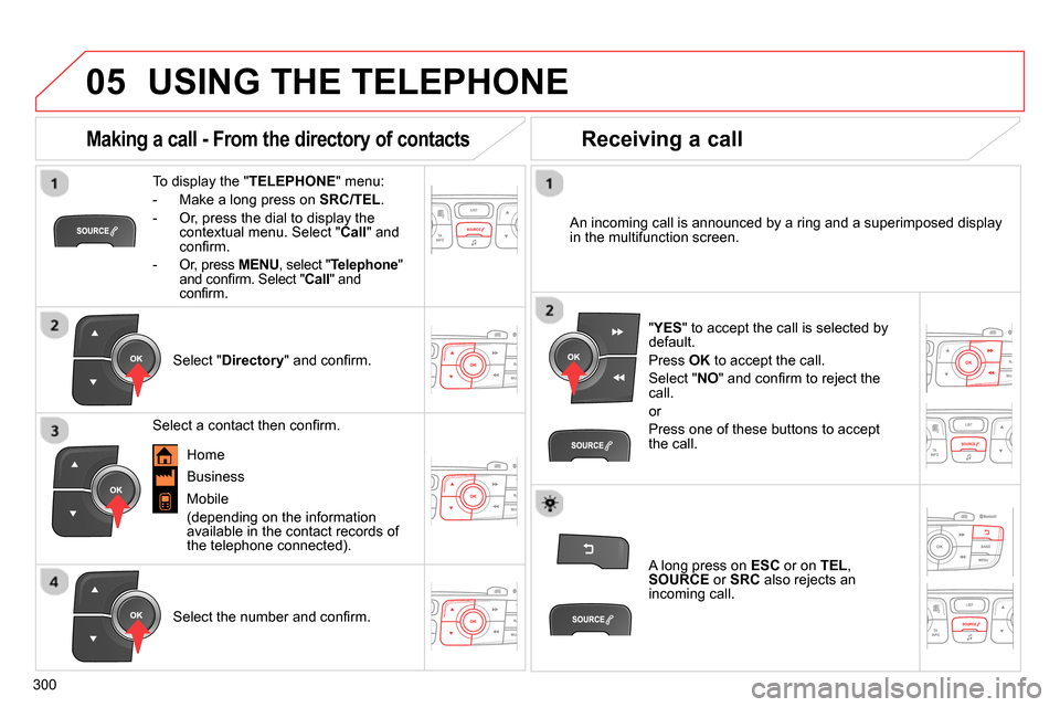 Citroen C4 RHD 2013.5 2.G Owners Manual  
  
05
300
  USING THE TELEPHONE 
 
 
To display the " TELEPHONE 
" menu: 
   
 
-   Make a long press on  SRC/TEL 
. 
   
-   Or, press the dial to display the 
contextual menu. Select " Call 
" and
