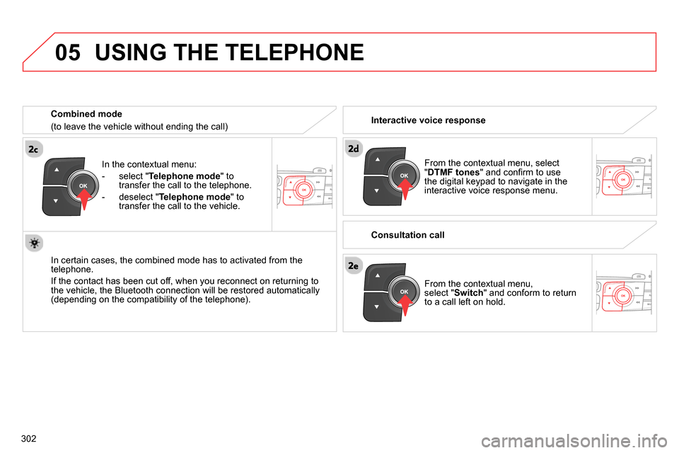 Citroen C4 RHD 2013.5 2.G Owners Manual  
05
302   
In the contextual menu: 
   
 
-  select " Telephone mode 
" to 
transfer the call to the telephone. 
   
-  deselect " Telephone mode 
" to 
transfer the call to the vehicle.  
 
   
In c