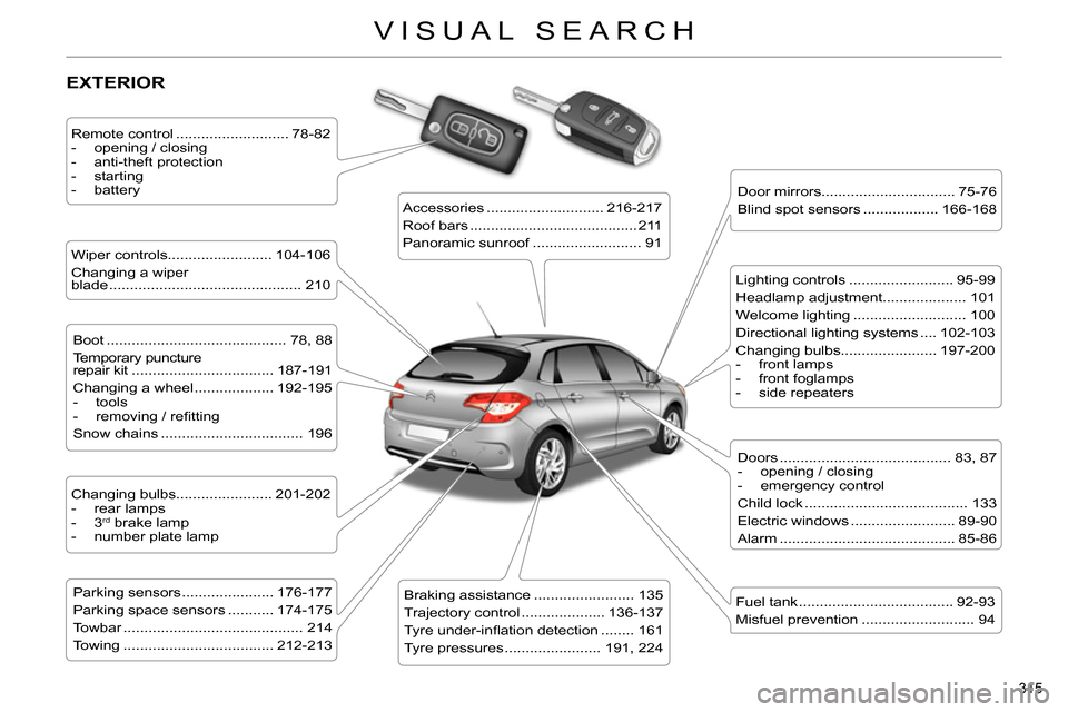 Citroen C4 RHD 2013.5 2.G Owners Guide 315 
VISUAL SEARCH
  EXTERIOR  
 
 
Remote control ........................... 78-82 
   
 
-   opening / closing 
   
-  anti-theft protection 
   
-  starting 
   
-  battery  
 
   
Wiper controls.