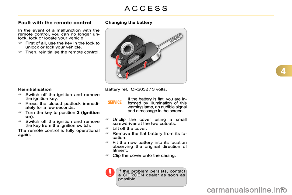 Citroen C4 RHD 2013.5 2.G Manual Online 4
ACCESS
81 
   
 
 
 
 
 
 
 
 
 
 
 
 
 
 
Fault with the remote control 
 
In the event of a malfunction with the 
remote control, you can no longer un-
lock, lock or locate your vehicle. 
   
 
