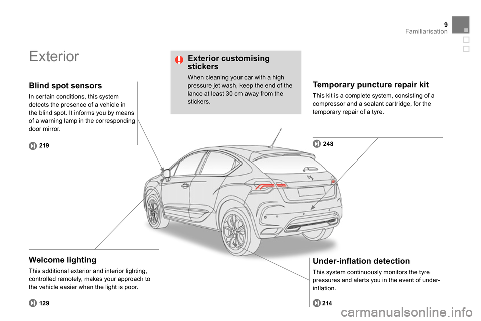 Citroen DS4 RHD 2013.5 1.G User Guide 9Familiarisation
  Exterior  
 
 
Welcome lighting 
 
This additional exterior and interior lighting, 
controlled remotely, makes your approach to 
the vehicle easier when the light is poor. 
   
Temp