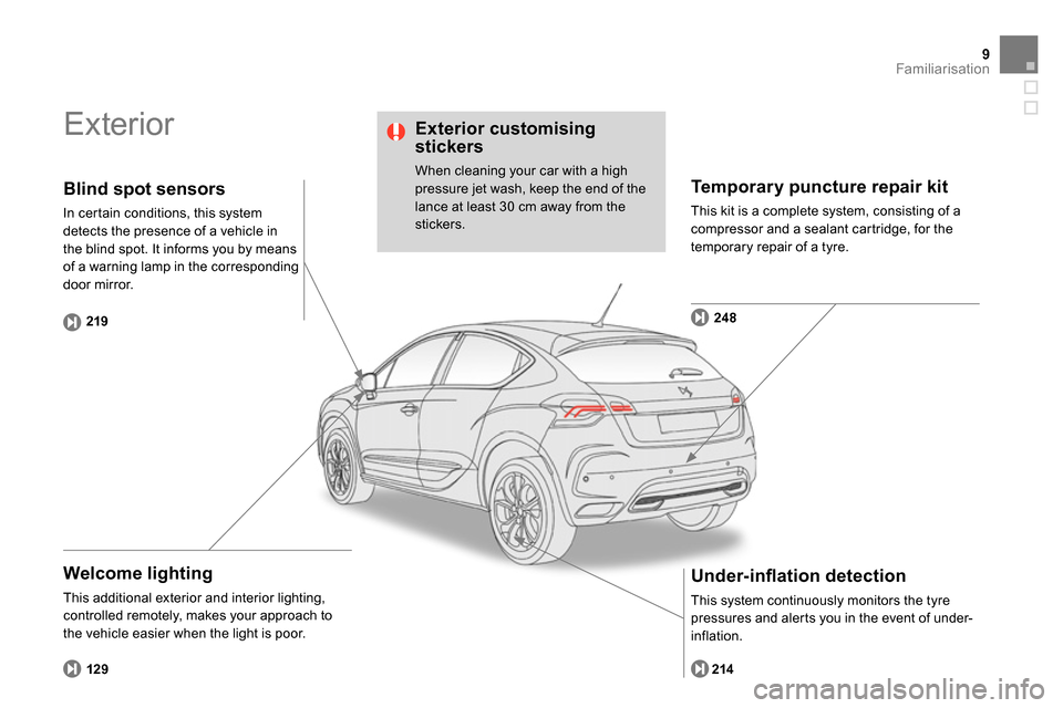 Citroen DS4 RHD 2013.5 1.G Owners Manual 9Familiarisation
  Exterior  
 
 
Welcome lighting 
 
This additional exterior and interior lighting, 
controlled remotely, makes your approach to 
the vehicle easier when the light is poor. 
   
Temp