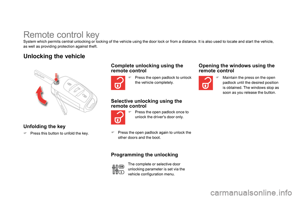 Citroen DS4 RHD 2013.5 1.G User Guide    
 
 
 
 
 
 
 
Remote control key  
System which permits central unlocking or locking of the vehicle using the door lock or from a distance. It is also used to locate and start the vehicle, 
as wel